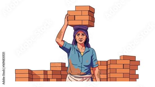 Bricklayer's Burden: A construction worker, gracefully balances a stack of bricks atop her head, embodying strength and determination in the realm of construction.