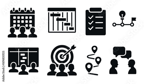 Climbing silhouette icons set. featuring climbers ascending, belaying, rappelling, and resting