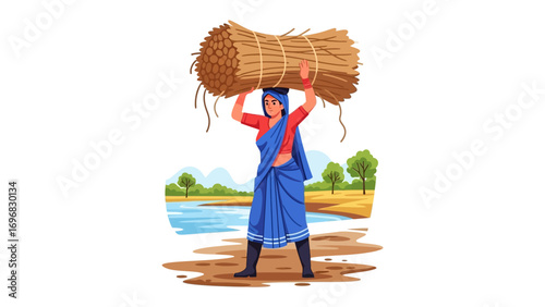 Rural Laborer with Bundle: A strong and determined woman carries a heavy bundle of dry grass on her head, symbolizing the resilience of rural life and the power of labor.