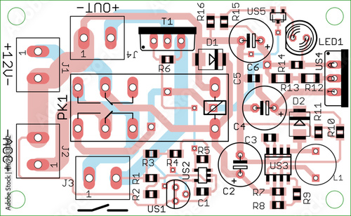 Vector printed circuit board of electronic 
device with components of radio elements, 
conductors and contact pads placed on pcb 
on transparent background. 
Engineering technical drawing. 