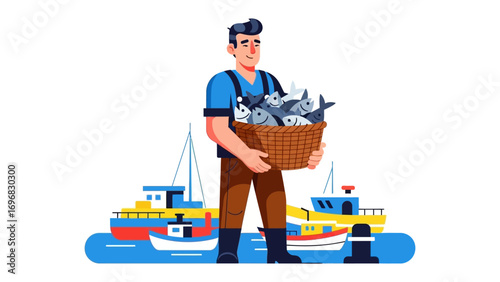 A Fishermen and his Catch: A fisherman stands with his basket of fish against the backdrop of a marina scene, depicting the essence of a successful day's catch. 