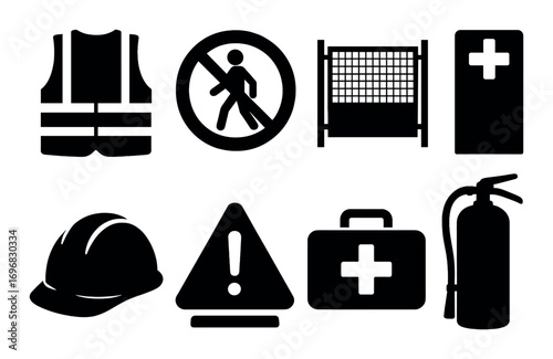 Network equipment silhouette icon set. featuring router, modem, cable, switch, cd, tower, firewall, hub