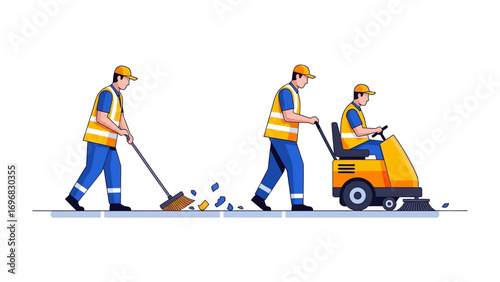City Cleaners in Action: A sequence of images displays a city cleaner at work. First, he is seen with a broom, then walking, and finally using a machine to keep a clean street.