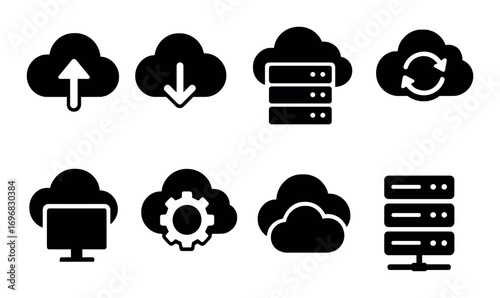 Plumbing tools silhouette icon set. featuring wrench, faucet, pipe, valve, worker, connector, toolbox, plunger