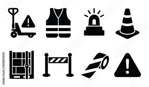Cooking and welding gear silhouette icon set. featuring helmet, gloves, apron, boots, and strainer symbols