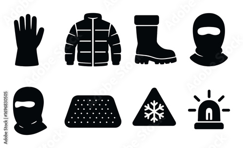Safety equipment silhouette icon set. featuring vest, cone, sign, baton, barrier, helmet, gloves, first aid kit