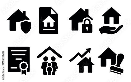 Real estate silhouette icon set. featuring house, document, security, family, growth, and certificate symbols