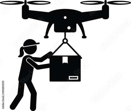 Person Interacting with Cargo Drone in Urban Environment, Vector Illustration Showcasing Modern Technology and Logistics