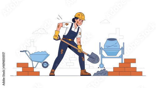 Building Progress: A construction worker meticulously shovels a pile of material with determined focus, a wheelbarrow and brick wall hints at construction, symbolizing progress. 