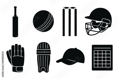 Cricket equipment silhouette icon set. featuring bat, ball, stumps, helmet, glove, pads, cap, scoreboard