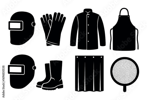 Cooking and welding gear silhouette icon set. featuring helmet, gloves, apron, boots, and strainer symbols