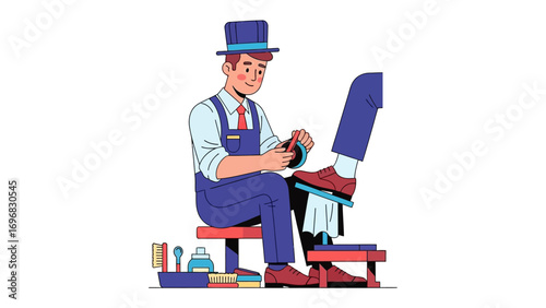 Shoe Shine: A shoe shiner, smartly dressed in overalls and a top hat, meticulously polishes a shoe, showcasing a classic service.