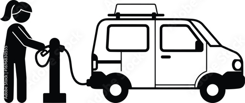 Action of Refueling, Electric Vehicle, Charging Station, Vector Illustration, Urban Environment, Side View, Modern Sustainability Concept