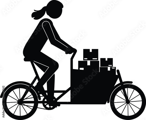 Dynamic Delivery Scene, Courier on Cargo Bicycle, Urban Streets, Vector Illustration, Vibrant City Environment, Side View, Eco-Friendly Transportation Concept