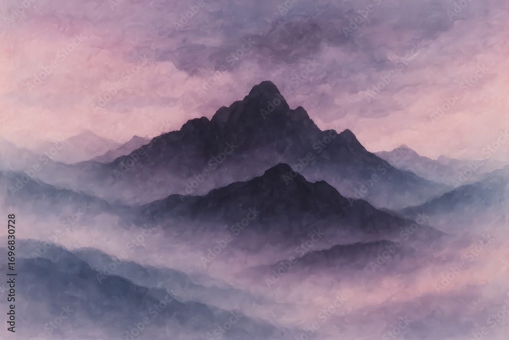 Fototapeta premium Serene Mountain Landscape with Misty Hills and Soft Purple Sky at Dawn or Dusk