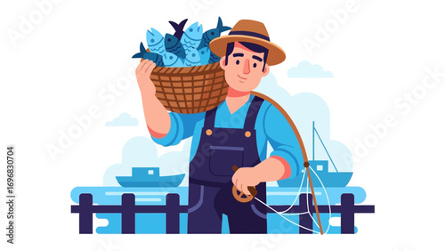 Fisherman's Bounty: An illustration of a fisherman triumphantly carrying a basket brimming with freshly caught fish, set against a coastal backdrop with boats and fishing rod.