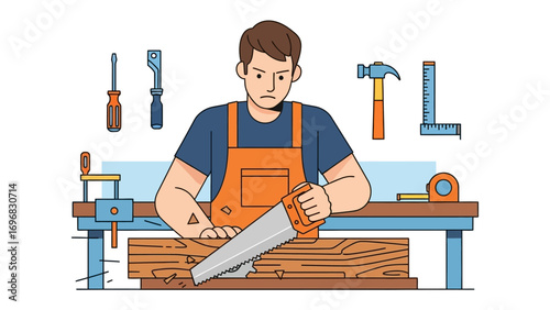 Craftsman at Work: A skilled craftsman concentrates on precise sawing in his workshop, with tools of his trade meticulously arranged in the background, illustrating dedicated work.