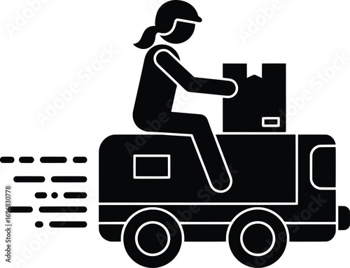 Female Courier Transporting Package in Motion - Vector Illustration for Efficient Logistics with Urban Background, High-Resolution Design