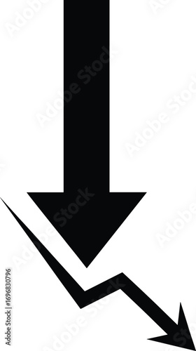 Bold black arrow pointing downward with zigzag downward arrow, symbolizing sharp decline, decrease, loss, negative trend, business drop, vector icon
