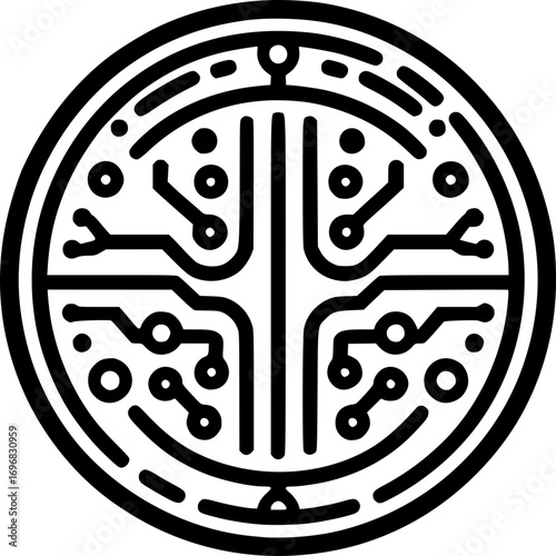 Minimalist black and white vector of a digital coin with circuit pattern, clean line art style, simple cryptocurrency and fintech symbol design