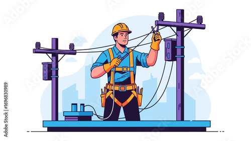 Electrician at Work: A skilled electrician meticulously repairs a power line on a utility pole, ensuring safe and reliable energy distribution against a cityscape backdrop.