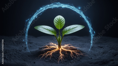 A small plant growing with glowing roots protected by a blue electrical force field around it