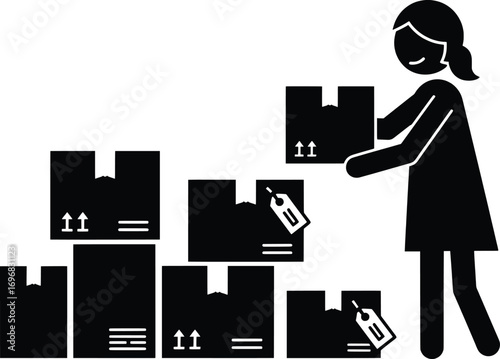 Organizing Boxes, Subject: Worker Handling Packages, Location: Warehouse, Content Type: Vector Illustration, Environment: Industrial Setting, Viewpoint: Side Perspective, Concept: Vector Art