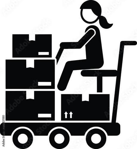 Action-packed Vector Illustration of a Woman Operating a Cart with Boxes in a Warehouse Environment, Showcasing Efficiency and Productivity