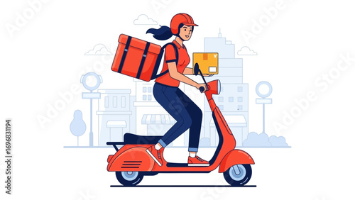 Fast Delivery on Scooter: A dynamic illustration captures a delivery person swiftly navigating a scooter, efficiently transporting a package through a modern urban landscape.