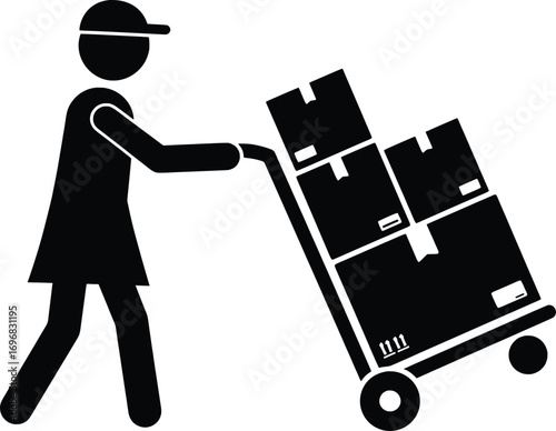 Action of Delivering Packages, Worker with Trolley, Warehouse, Vector Illustration, Urban Environment, Side View, Logistics Concept in High Resolution