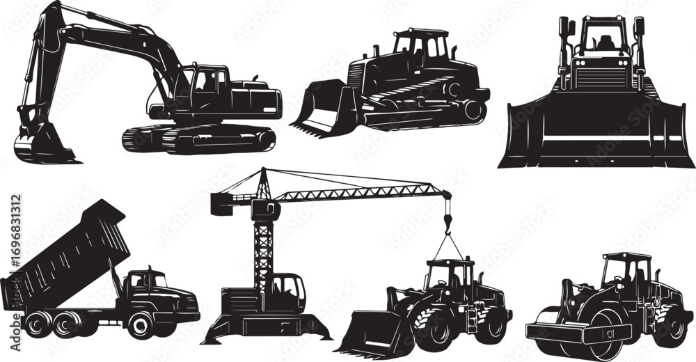 Obraz premium Construction Vehicles Silhouette Set Heavy Machinery Equipment for Building and Infrastructure Projects Design Templates