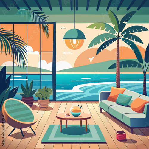 Modern beachfront villa interior with ocean view and palm trees at sunset