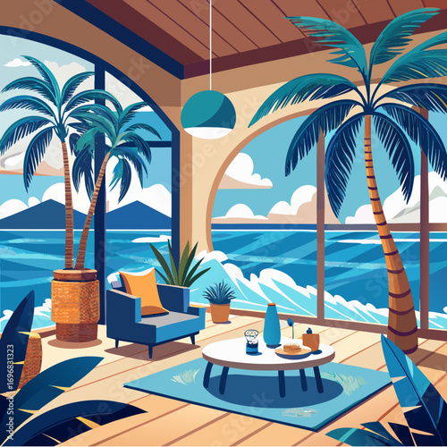 Cozy coastal room interior with ocean waves palm trees serene villa view vector art