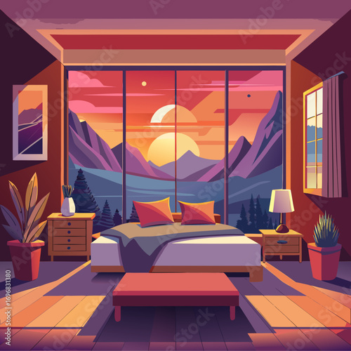 Cozy bedroom interior illustration with large window overlooking sunset mountains scalable vector graphic