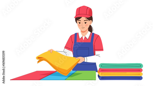Dutiful Laundry Lady: A professional laundry lady meticulously folds and arranges clean towels, showcasing dedication to cleanliness and the subtle art of textile care.