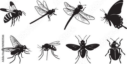 Diverse Insect Vector Art Collection Black and White Illustrations of Flying Insects and a Beetle for Educational or Decorative Purposes