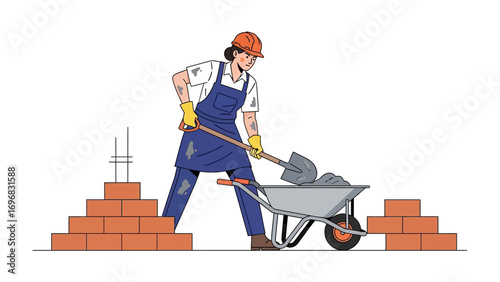 Construction Worker: A determined construction worker is captured meticulously moving cement into a wheelbarrow at a construction site. Demonstrating precision and commitment in her daily work.
