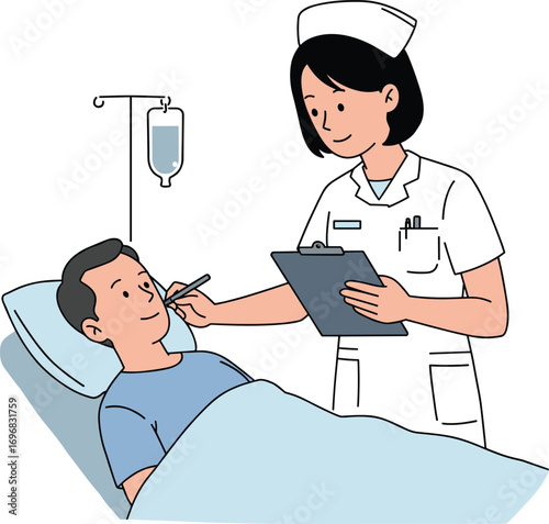 Nurse caring for male patient in hospital bed, medical treatment, healthcare professional, nurse checkup scene, hospital care concept.