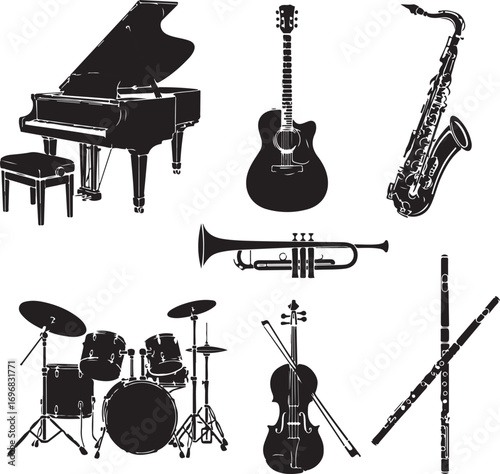 Musical Instruments Symphony A Black and White Collection Depicting Piano, Guitar, Saxophone, Trumpet, Drums, Violin, and Flute