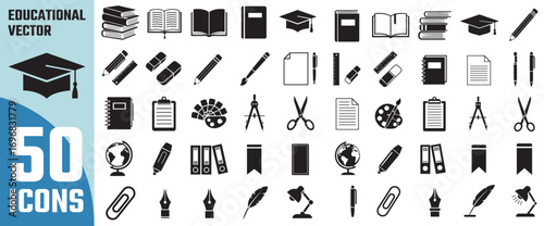 Collection of 50 educational vector icons representing school supplies academic tools and learning objects for graphic design and illustration