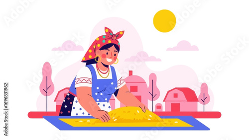 Ukrainian Woman with Grains: In a colorful and inviting illustration, a smiling Ukrainian woman is meticulously handling golden grains.