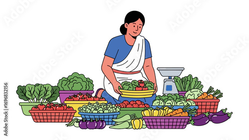 Fresh Market Bounty: A woman, surrounded by a vibrant array of fresh vegetables and produce, arranges a basket, exuding the vitality of a local market.
