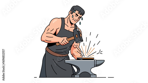Crafting Metal: A strong artisan, engrossed in his craft, focuses on forging a glowing metal item with a forceful hammer and anvil. A testament to skill and dedication.