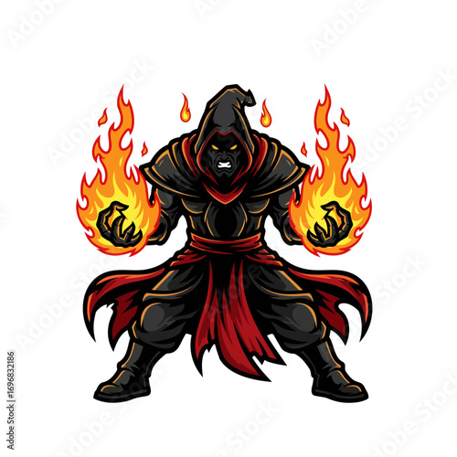Hooded fire mage casting spell illustration