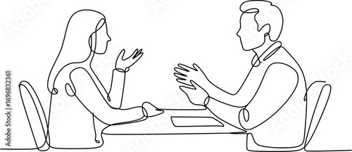 Two people engaged in a lively conversation across a table, illustrated with simple line art