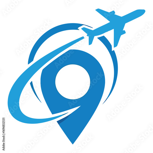 Airplane flying around location pin symbol representing travel and navigation services vector