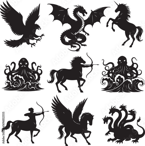 Mythical Creatures Silhouettes Collection Eagle Dragon Unicorn Centaur Octopus Pegasus Hydra Fantastic Animals