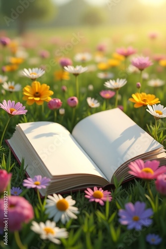 Open Book on Colorful Daisy Meadow at Sunrise