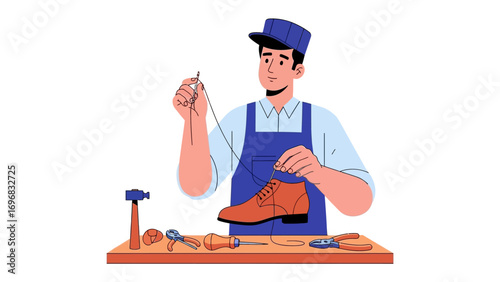 Shoemaker Craftsmanship: A skilled craftsman meticulously repairs a leather shoe, demonstrating the art of cobbling with traditional tools on a wooden workbench.