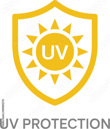 Yellow shield emblem with sun and UV text symbolizing protection from ultraviolet rays